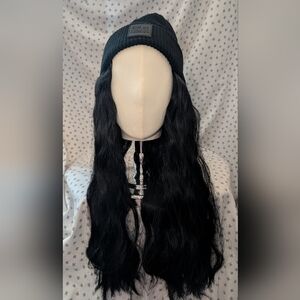 Beanie With Built In Wig Long Black Synthetic Hair Easy Wear And Go
